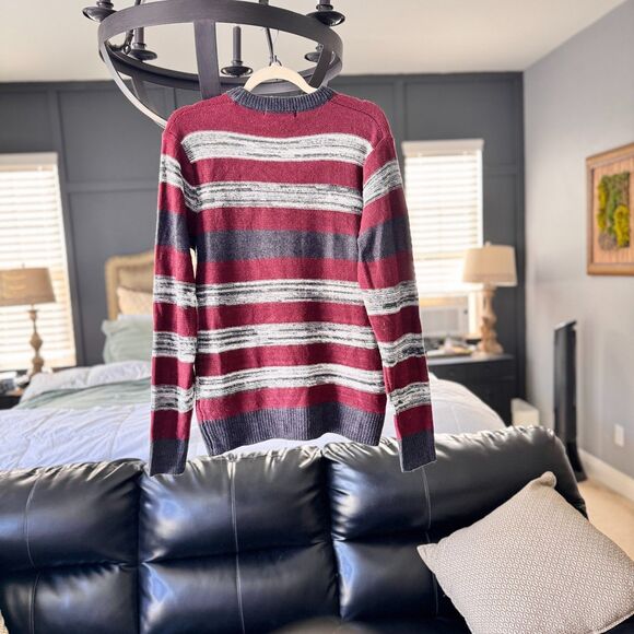Studio 81 Striped Crewneck Sweater Men’s S GrandpaCore Retro Maroon Gray Knit - Picture 4 of 11